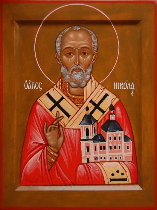 Икона - святитель Никола Чудотворец, архиепископ Мир Ликийских. С храмом Николы в Кленниках на Маросейке в Москве. Размер иконы 20х15 см.