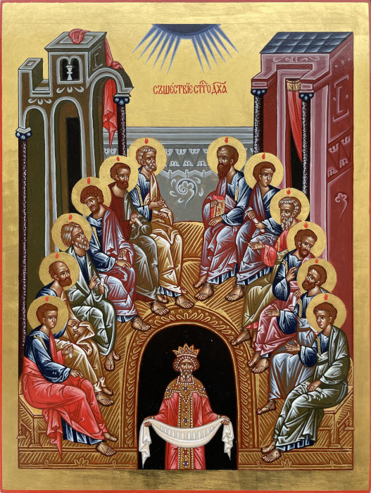 Икона на золотом фоне - Сошествие Святого Духа на апостолов - Пятидесятница. Икона для храма св. Троицы в Будве, в Черногории. Размер иконы 40х30 см.